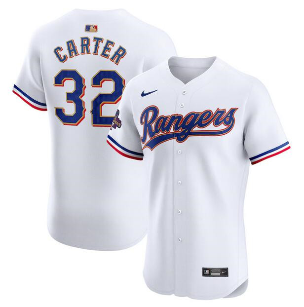 Men's Texas Rangers #32 Evan Carter White 2024 Gold Collection Flex Base Stitched Baseball Jersey
